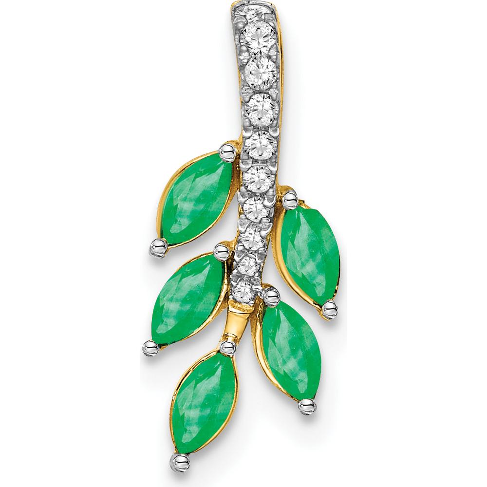 14K Yellow Gold Marquise Emerald and Round Diamond Leaf Pendant - 0.19 Carat Total Emerald Weight, 0.03 Carat Total Diamond Weight by Lumare Gioia