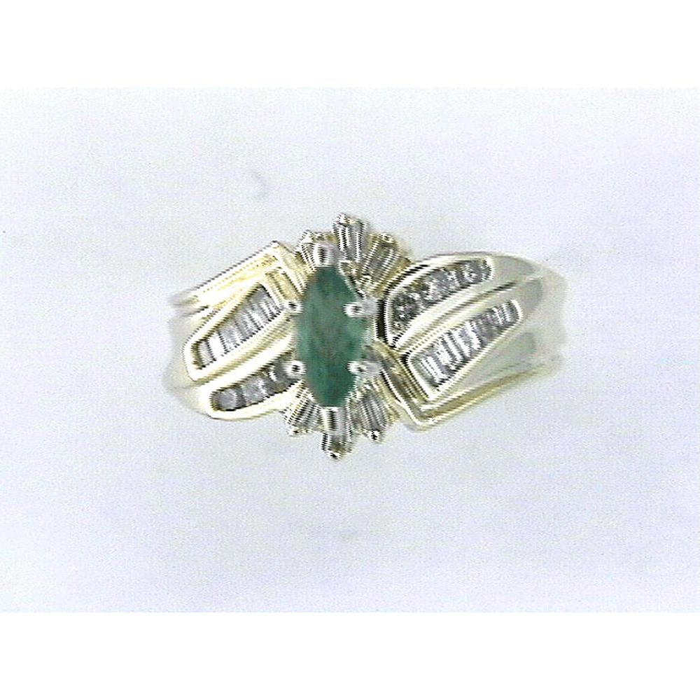 14K Yellow Gold Marquise Emerald Ring with Baguette and Round Diamonds - 0.50 Carat Emerald and 0.50 Carat Total Diamond Weight - Royal Jewelry