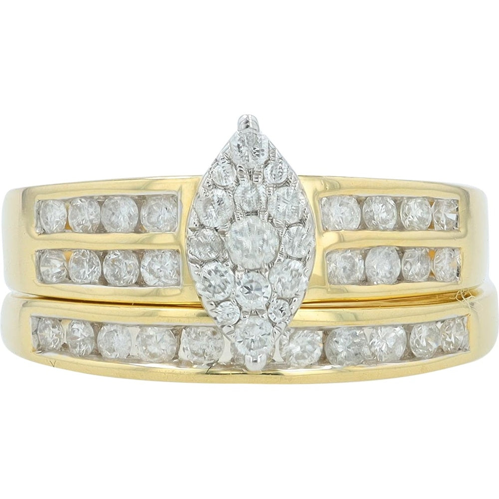 14K Yellow Gold Marquise Halo Bridal Set with Channel-Set Round Diamonds - 0.75 Carat Total Diamond Weight