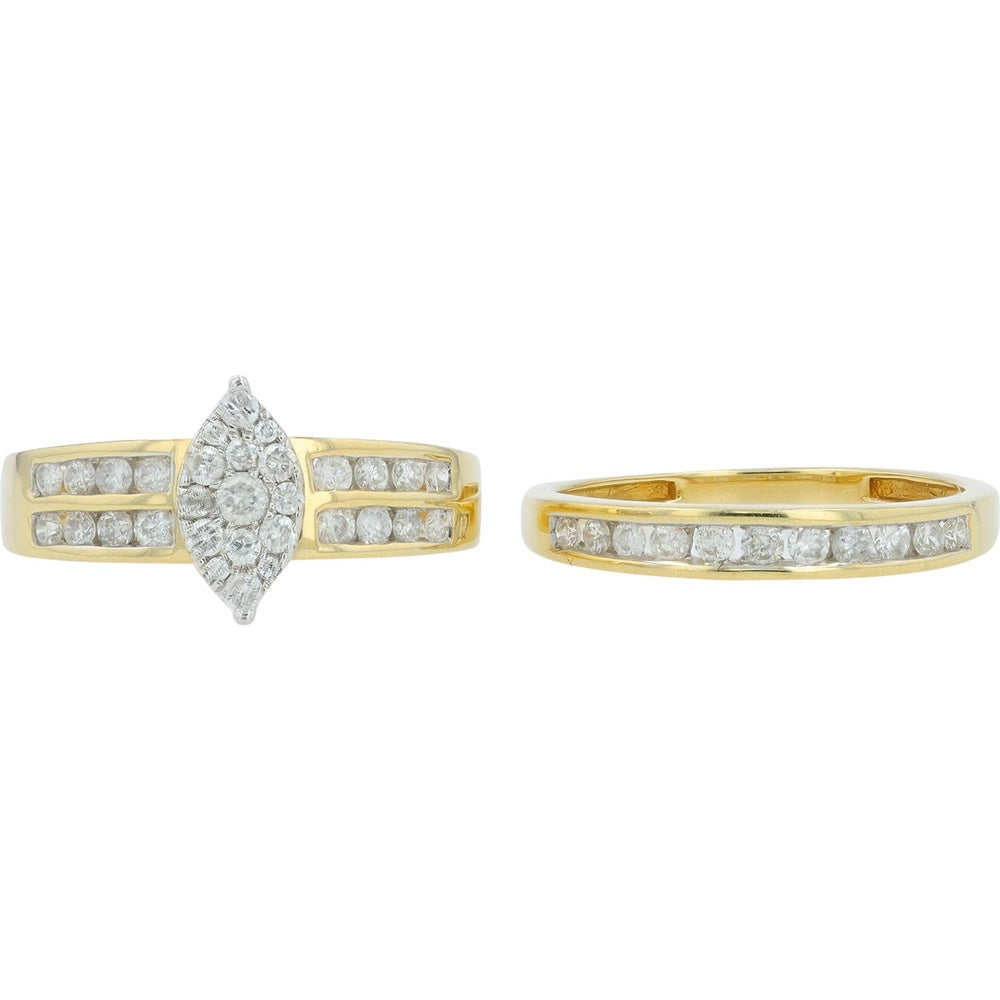14K Yellow Gold Marquise Halo Bridal Set with Channel-Set Round Diamonds - 0.75 Carat Total Diamond Weight