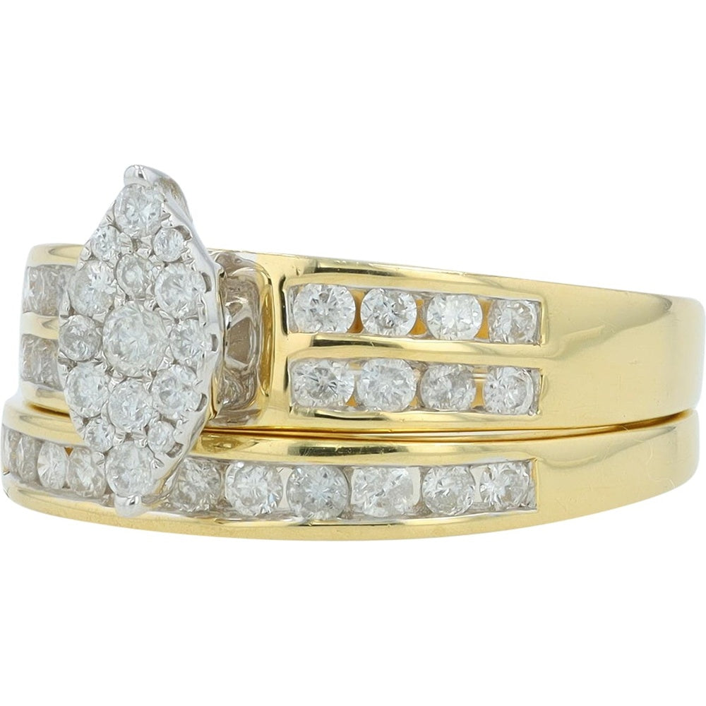 14K Yellow Gold Marquise Halo Bridal Set with Channel-Set Round Diamonds - 0.75 Carat Total Diamond Weight