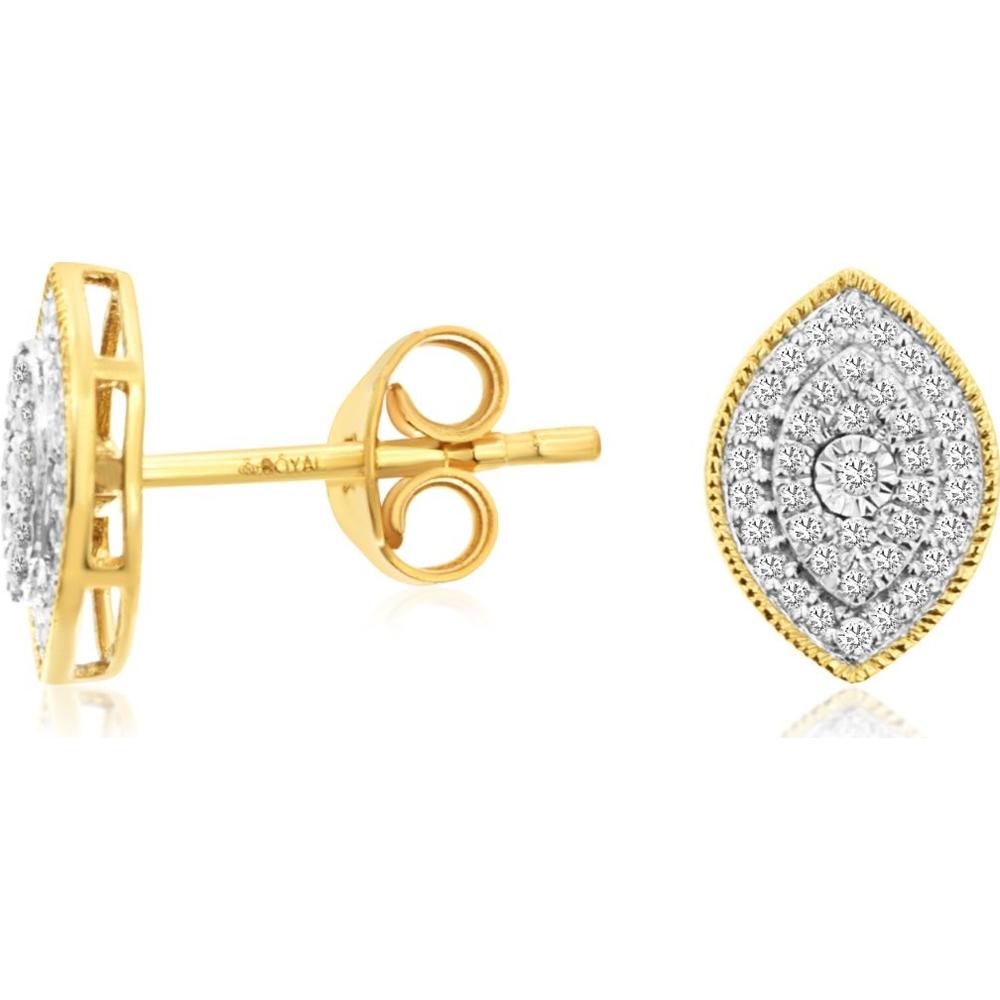 14K Yellow Gold Marquise Halo Diamond Stud Earrings with Milgrain Detail - 0.16 Carat Total Diamond Weight - Royal Jewelry