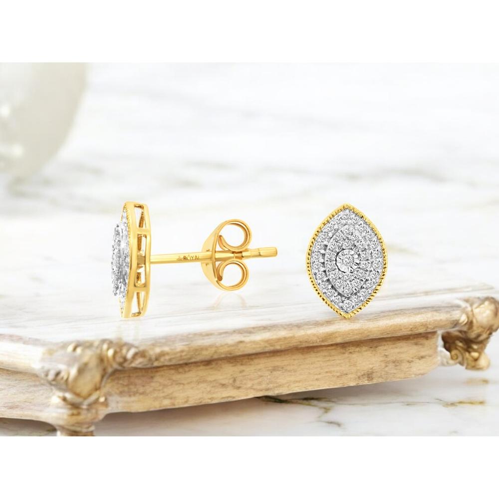 14K Yellow Gold Marquise Halo Diamond Stud Earrings with Milgrain Detail - 0.16 Carat Total Diamond Weight - Royal Jewelry