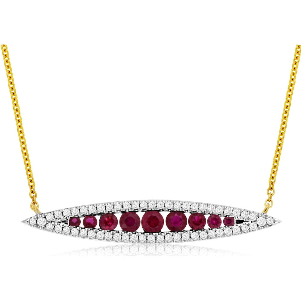 14K Yellow Gold Marquise-Inspired Diamond Halo Necklace with Graduated Round Rubies - 0.30 Carat Diamond Weight and 0.60 Carat Ruby Weight - Royal Jewelry