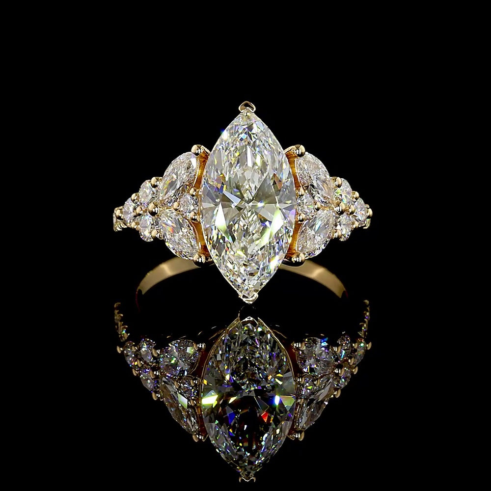 14K Yellow Gold Marquise Modified Engagement Ring with IGI Certified 3.06 Carat Lab Diamond Center and 1.16 Carat Accent Diamonds - 4.22 Total Carat Weight - Covaloro Fine Jewelry