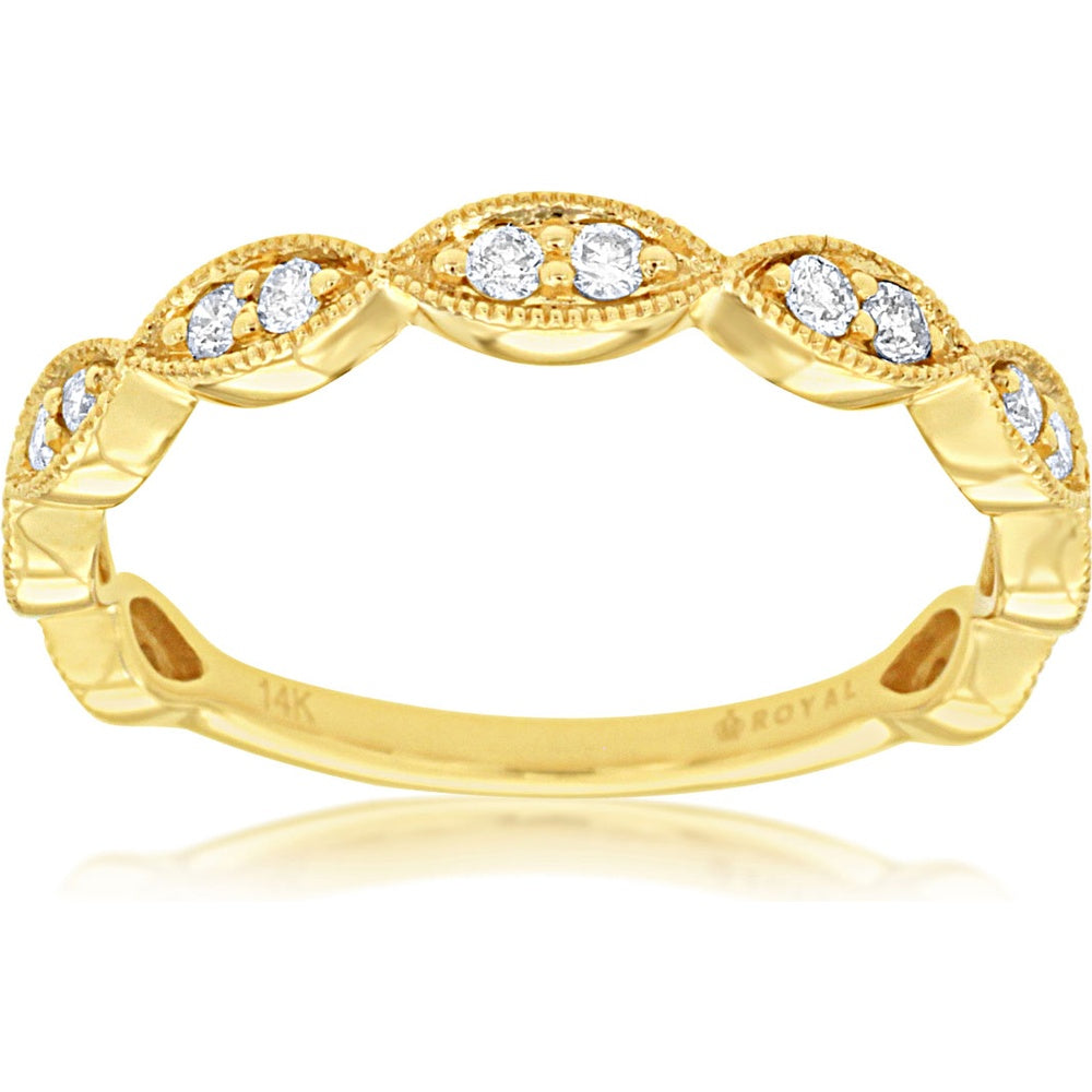 14K Yellow Gold Marquise-Motif Wedding Band with Milgrain Edges and Prong-Set Round Diamonds - 0.25 Carat Total Diamond Weight - Royal Jewelry