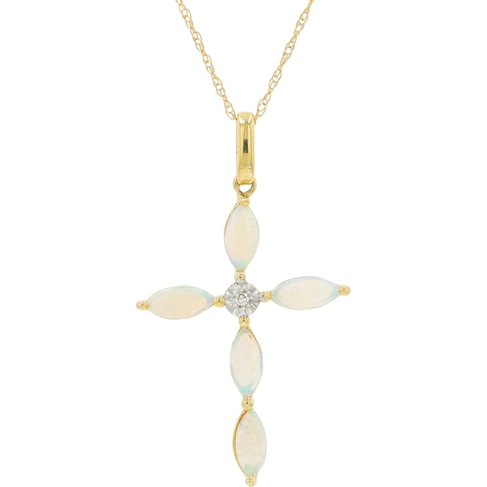 14K Yellow Gold Marquise Opal Cross Pendant with Center Diamond Accent - 0.01 Carat Diamond Weight