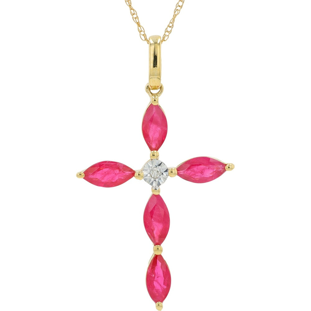 14K Yellow Gold Marquise Ruby and Diamond Cross Pendant - 0.01 Carat Center Diamond Weight