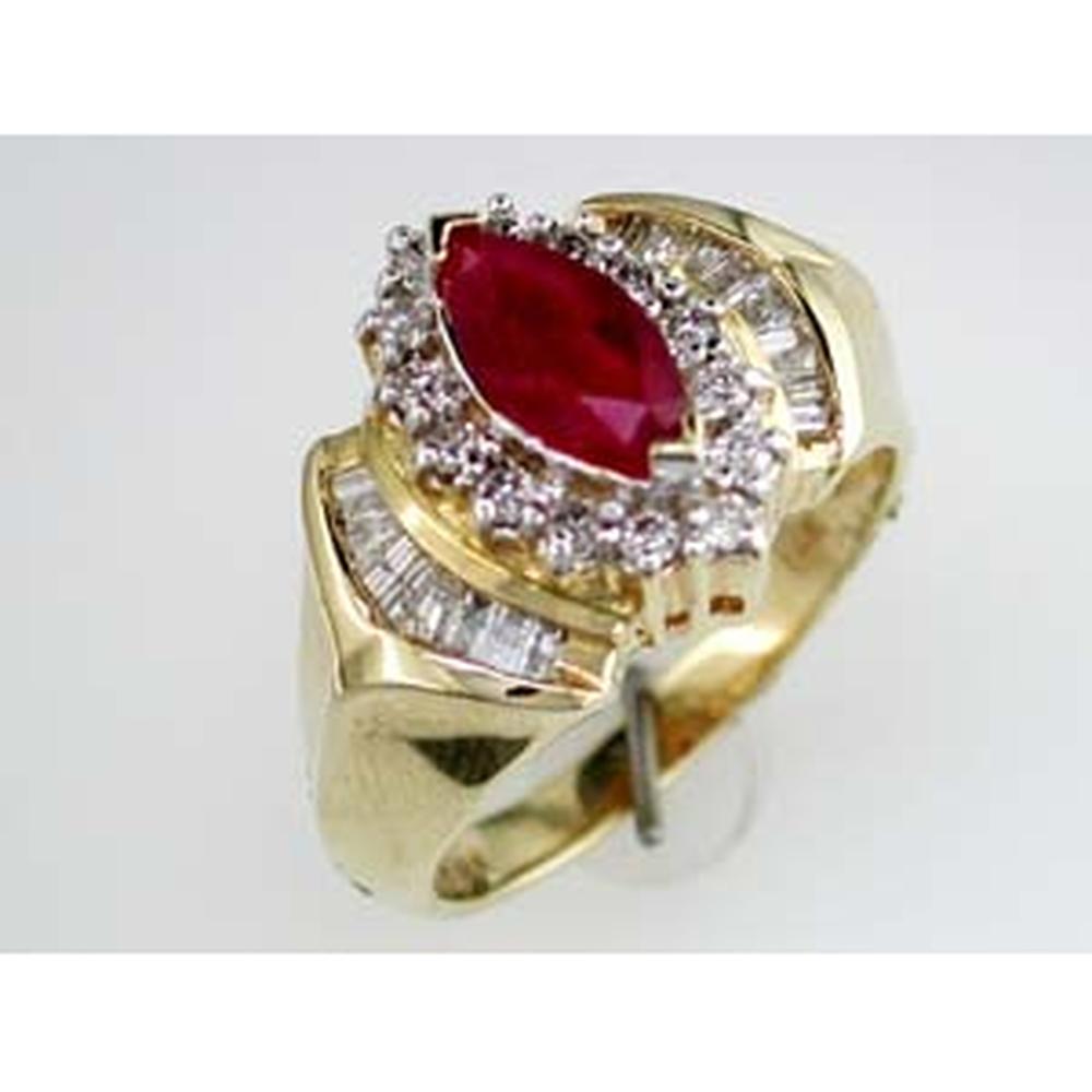 14K Yellow Gold Marquise Ruby and Diamond Halo Ring with Baguette and Round Accent Stones - 0.80 Carat Ruby Total Weight - Royal Jewelry