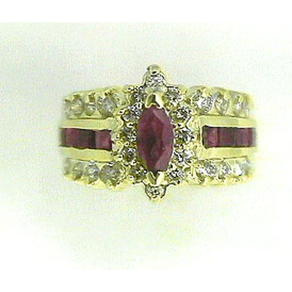 14K Yellow Gold Marquise Ruby and Diamond Halo Ring with Baguette Ruby Accents - 1.10 Carat Ruby, 0.80 Carat Diamond - Royal Jewelry
