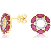 14K Yellow Gold Marquise Ruby and Diamond Halo Stud Earrings - 2.10 Carat Total Ruby Weight, 0.12 Carat Total Diamond Weight - Royal Jewelry