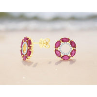 14K Yellow Gold Marquise Ruby and Diamond Halo Stud Earrings - 2.10 Carat Total Ruby Weight, 0.12 Carat Total Diamond Weight - Royal Jewelry