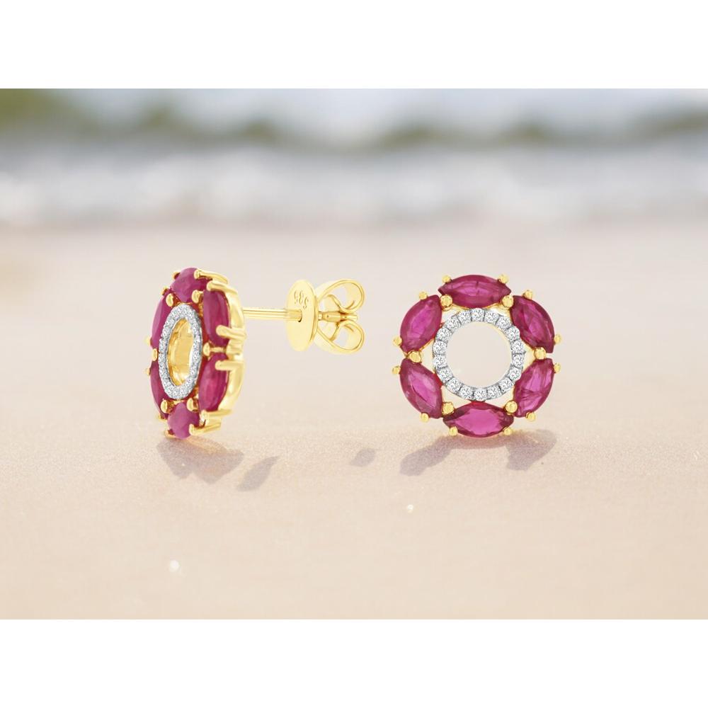 14K Yellow Gold Marquise Ruby and Diamond Halo Stud Earrings - 2.10 Carat Total Ruby Weight, 0.12 Carat Total Diamond Weight - Royal Jewelry