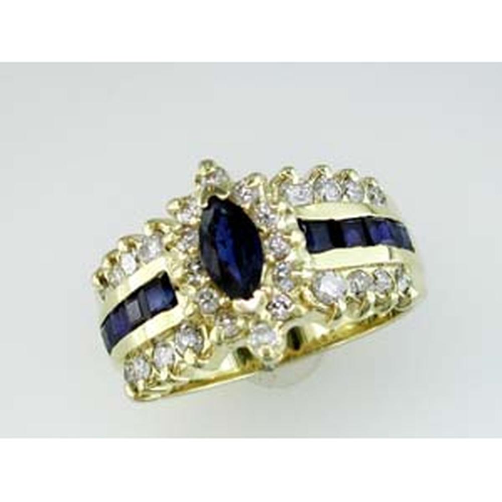 14K Yellow Gold Marquise Sapphire and Round Diamond Ring - 1.20 Carat Sapphire and 0.80 Carat Total Diamond Weight - Royal Jewelry