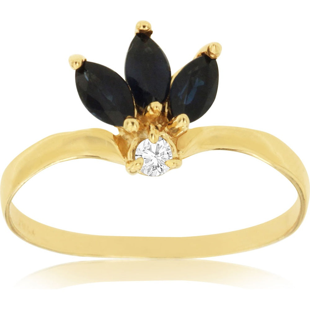 14K Yellow Gold Marquise Sapphire Crown Ring with Round Diamond Accent - 0.05 Carat Total Diamond Weight - Royal Jewelry