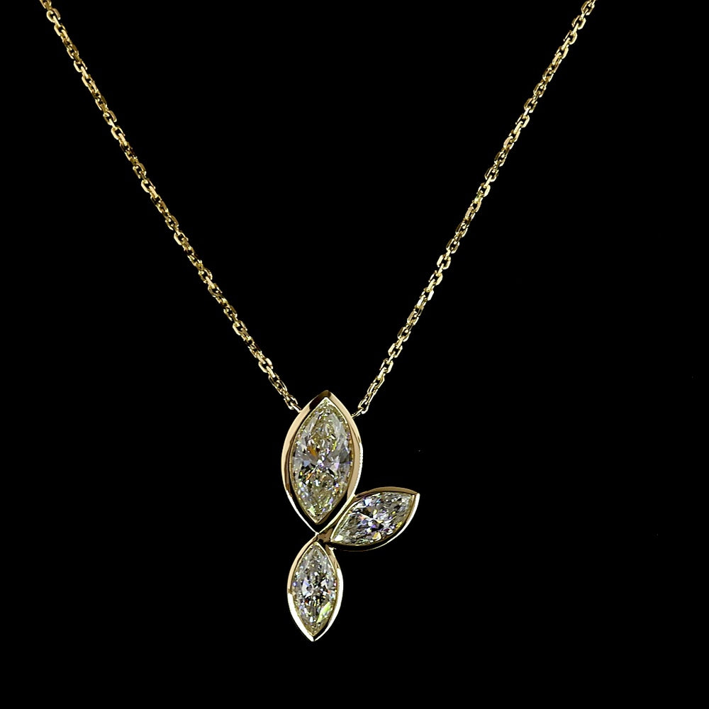 14K Yellow Gold Marquise Three-Stone Leaf Pendant with Bezel-Set Lab Diamonds - 1.57 Carat Total Weight, E-F Color VS1 Clarity - Covaloro Fine Jewelry