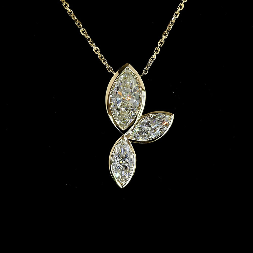 14K Yellow Gold Marquise Three-Stone Leaf Pendant with Bezel-Set Lab Diamonds - 1.57 Carat Total Weight, E-F Color VS1 Clarity - Covaloro Fine Jewelry