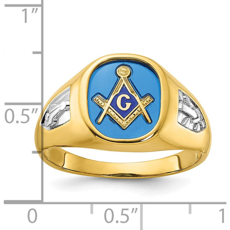 14K Yellow Gold Masonic Band with Lab Created Sapphire Cushion Cut - 12x10mm by IBGoodman