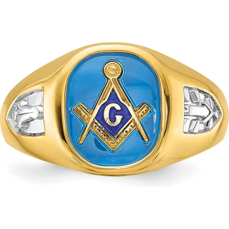 14K Yellow Gold Masonic Band with Lab Created Sapphire Cushion Cut - 12x10mm by IBGoodman