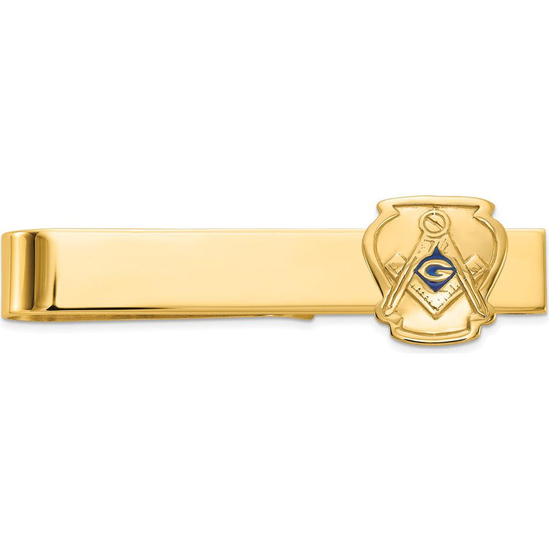 14K Yellow Gold Masonic Large Tie Bar with Blue Enamel Accent by IBGoodman