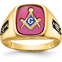 14K Yellow Gold Masonic Men's Ring with Lab-Created Ruby Cushion Cut and Black Enamel Accents by IBGoodman