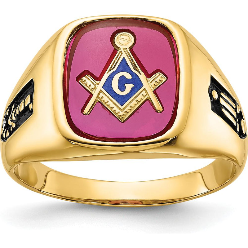 14K Yellow Gold Masonic Men's Ring with Lab-Created Ruby Cushion Cut and Black Enamel Accents by IBGoodman