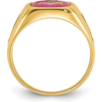 14K Yellow Gold Masonic Men's Ring with Lab-Created Ruby Cushion Cut and Black Enamel Accents by IBGoodman