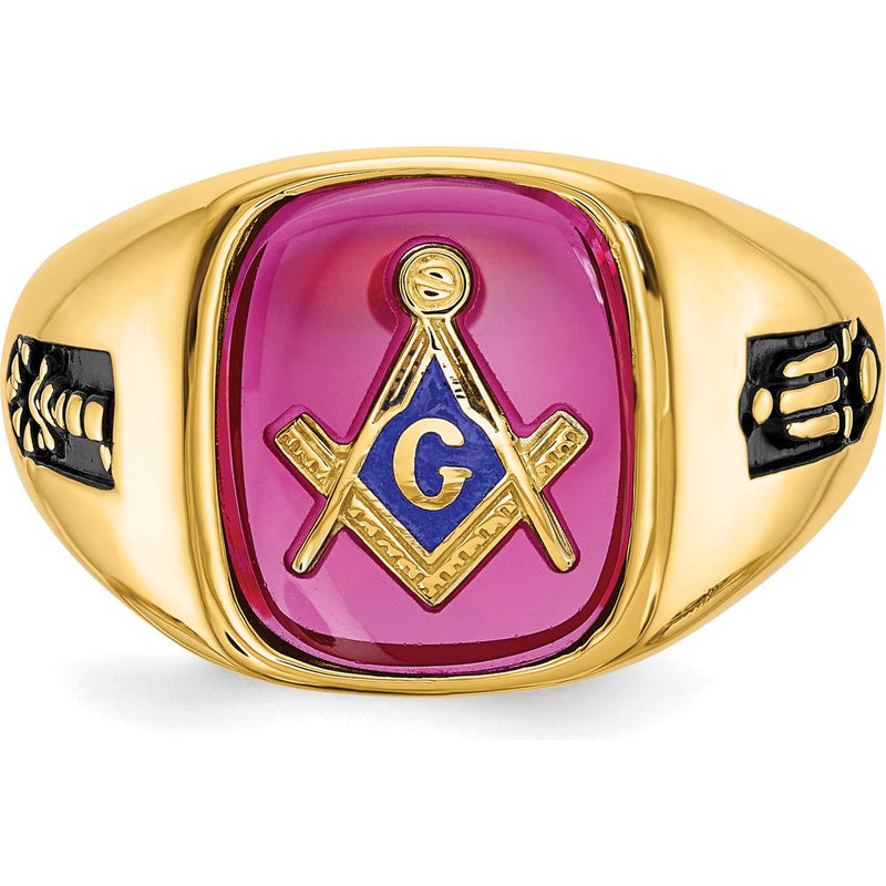 14K Yellow Gold Masonic Men's Ring with Lab-Created Ruby Cushion Cut and Black Enamel Accents by IBGoodman