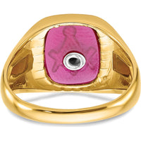 14K Yellow Gold Masonic Men's Ring with Lab-Created Ruby Cushion Cut and Black Enamel Accents by IBGoodman