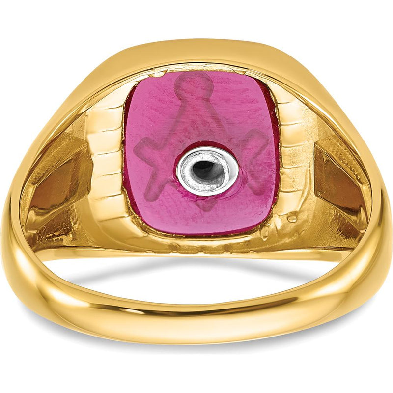 14K Yellow Gold Masonic Men's Ring with Lab-Created Ruby Cushion Cut and Black Enamel Accents by IBGoodman
