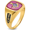 14K Yellow Gold Masonic Men's Ring with Lab-Created Ruby Cushion Cut and Black Enamel Accents by IBGoodman