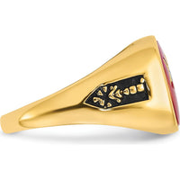 14K Yellow Gold Masonic Men's Ring with Lab-Created Ruby Cushion Cut and Black Enamel Accents by IBGoodman