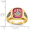 14K Yellow Gold Masonic Men's Ring with Lab-Created Ruby Cushion Cut and Black Enamel Accents by IBGoodman