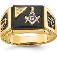 14K Yellow Gold Masonic Men's Ring with Polished Finish and Diamond-0.01 Carat and Onyx-12x10mm by IBGoodman