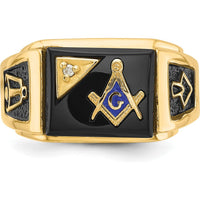 14K Yellow Gold Masonic Men's Ring with Polished Finish and Diamond-0.01 Carat and Onyx-12x10mm by IBGoodman