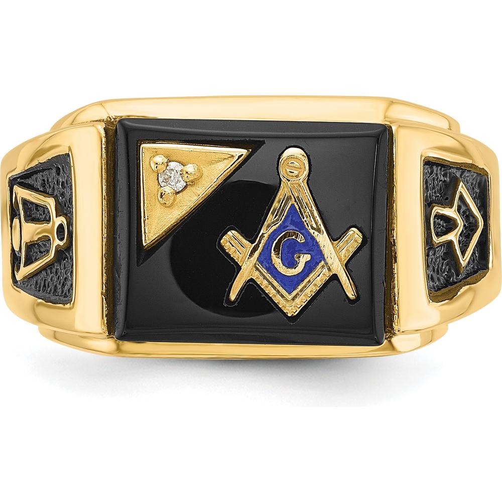 14K Yellow Gold Masonic Men's Ring with Polished Finish and Diamond-0.01 Carat and Onyx-12x10mm by IBGoodman