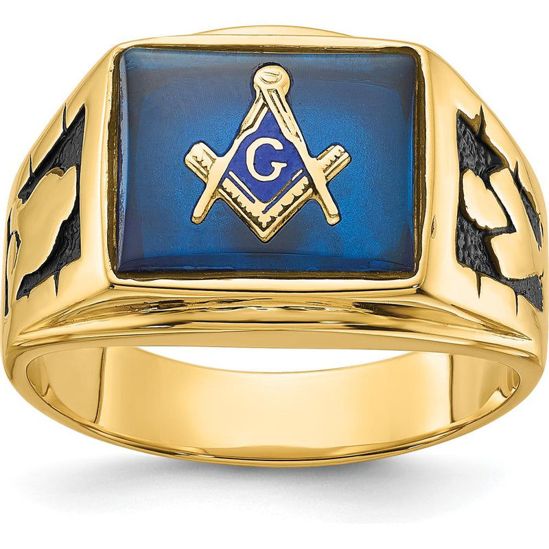 14K Yellow Gold Masonic Ring Mounting with Textured Band for Custom Stone by IBGoodman