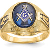 14K Yellow Gold Masonic Ring with 12x10mm Oval Cabochon Blue Synthetic Spinel and Antiqued Textured Design by Monteluci Fine Jewelry