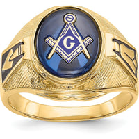 14K Yellow Gold Masonic Ring with 12x10mm Oval Cabochon Blue Synthetic Spinel and Antiqued Textured Design by Monteluci Fine Jewelry