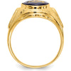 14K Yellow Gold Masonic Ring with 12x10mm Oval Cabochon Blue Synthetic Spinel and Antiqued Textured Design by Monteluci Fine Jewelry
