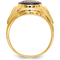 14K Yellow Gold Masonic Ring with 12x10mm Oval Cabochon Blue Synthetic Spinel and Antiqued Textured Design by Monteluci Fine Jewelry