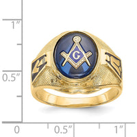 14K Yellow Gold Masonic Ring with 12x10mm Oval Cabochon Blue Synthetic Spinel and Antiqued Textured Design by Monteluci Fine Jewelry