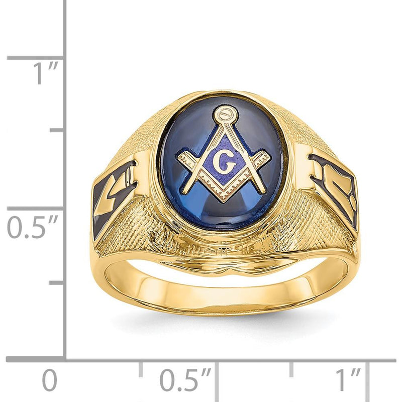 14K Yellow Gold Masonic Ring with 12x10mm Oval Cabochon Blue Synthetic Spinel and Antiqued Textured Design by Monteluci Fine Jewelry
