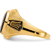 14K Yellow Gold Masonic Ring with 12x10mm Oval Cabochon Blue Synthetic Spinel and Antiqued Textured Design by Monteluci Fine Jewelry