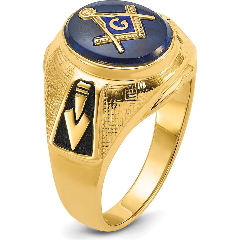 14K Yellow Gold Masonic Ring with 12x10mm Oval Cabochon Blue Synthetic Spinel and Antiqued Textured Design by Monteluci Fine Jewelry