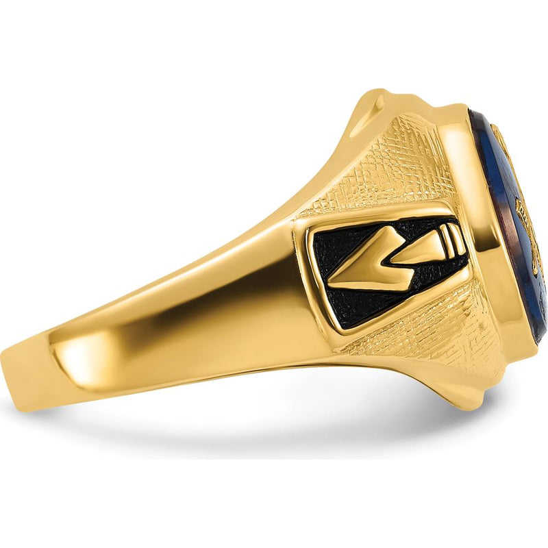 14K Yellow Gold Masonic Ring with 12x10mm Oval Cabochon Blue Synthetic Spinel and Antiqued Textured Design by Monteluci Fine Jewelry