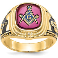 14K Yellow Gold Masonic Ring with Black Enamel and Lab Created Ruby - 12x10mm Cushion Cut by IBGoodman