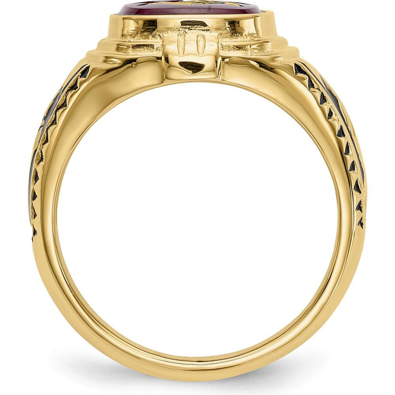 14K Yellow Gold Masonic Ring with Black Enamel and Lab Created Ruby - 12x10mm Cushion Cut by IBGoodman