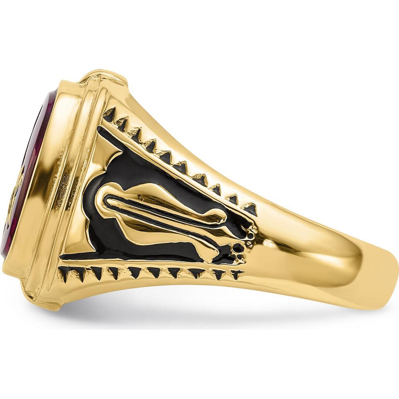 14K Yellow Gold Masonic Ring with Black Enamel and Lab Created Ruby - 12x10mm Cushion Cut by IBGoodman