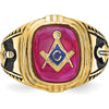 14K Yellow Gold Masonic Ring with Black Enamel and Lab Created Ruby - 12x10mm Cushion Cut by IBGoodman